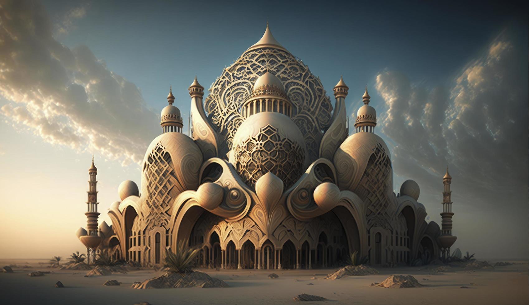 ilustración de increíble arquitectura diseño de musulmán mezquita Ramadán Kareem, islámico arquitectura antecedentes Ramadán Kareem, islámico mezquita, ramdán, ramzán, eid, cultura, árabe, generar ai foto