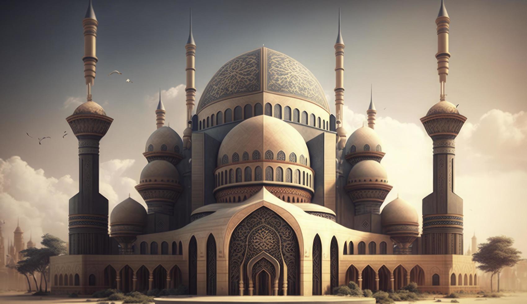 illustration of amazing architecture design of muslim mosque ramadan kareem, islamic architecture background ramadan kareem, Islamic Mosque, Ramdan, ramzan, eid, culture, arab, Generate Ai photo