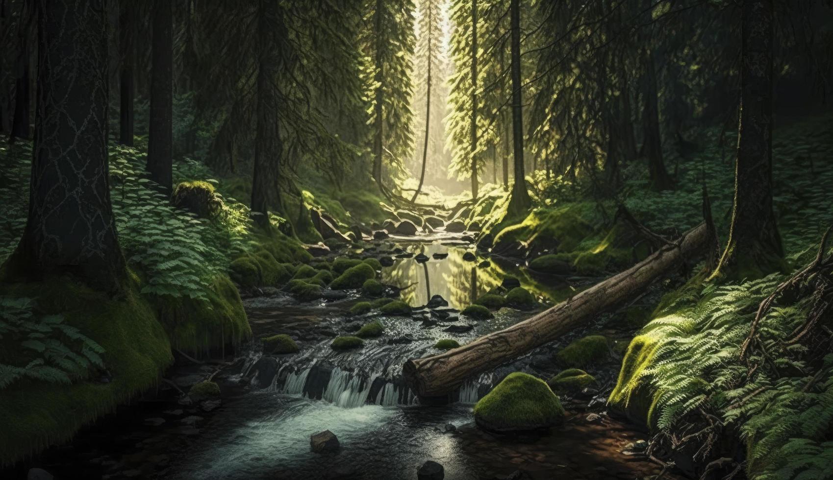 Green forest in sunlight with forest stream, Generate Ai photo