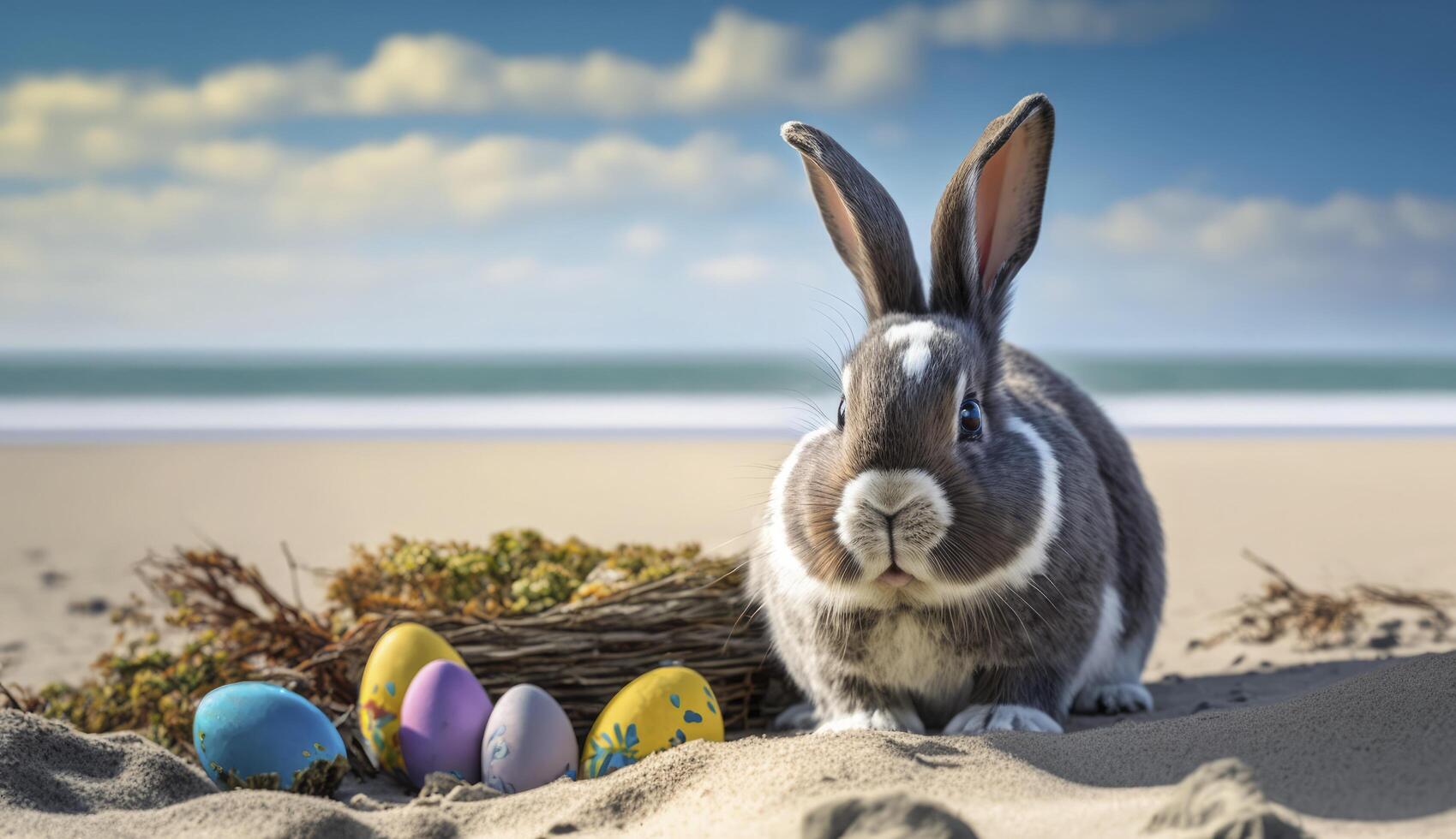 Easter Bunny with Easter eggs on the beach. . photo