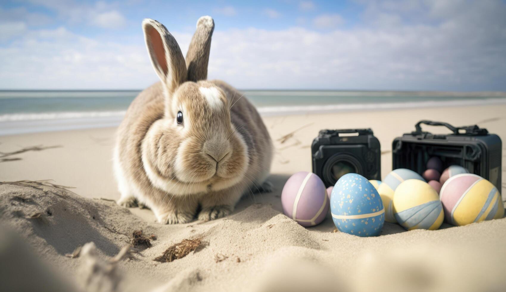 Easter Bunny with Easter eggs on the beach. . photo