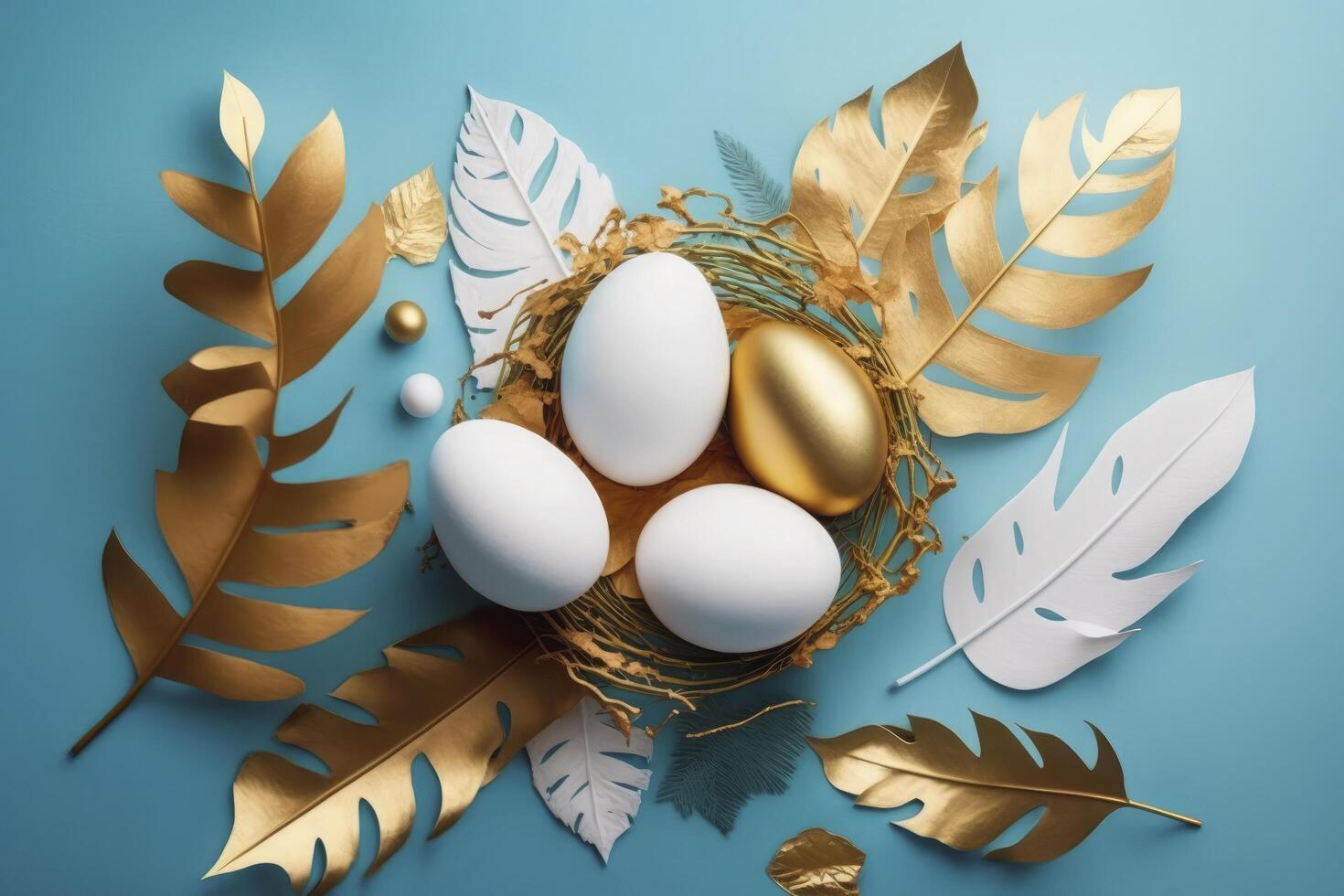 Easter eggs graphic background, white eggs and golden nest and leaves artsy decoration on azure copy space. illustration, photo