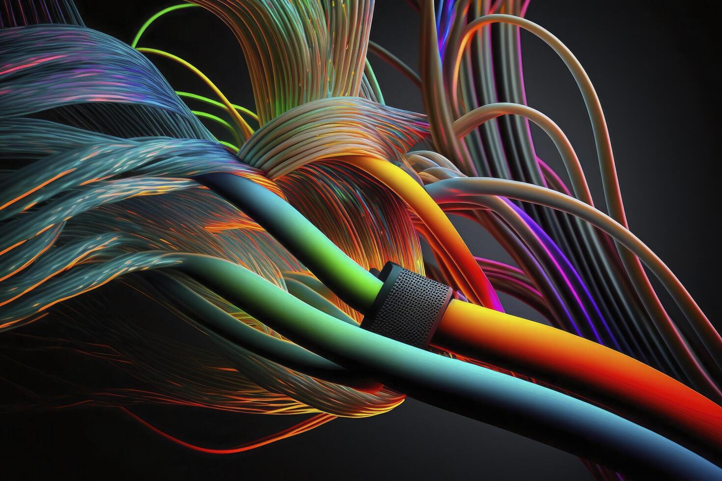 Optical fiber speed concept illustration, colorful lines cable close up high speed network data transfer. photo