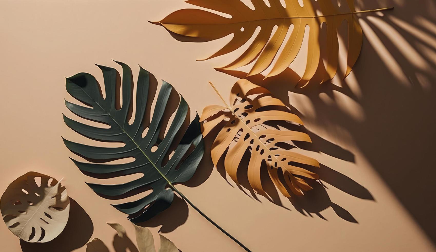Abstract background with tropical palm leaves shadow on beige wall, Creative minimal design with copy space, Summer concept, flat lay , Generate Ai photo