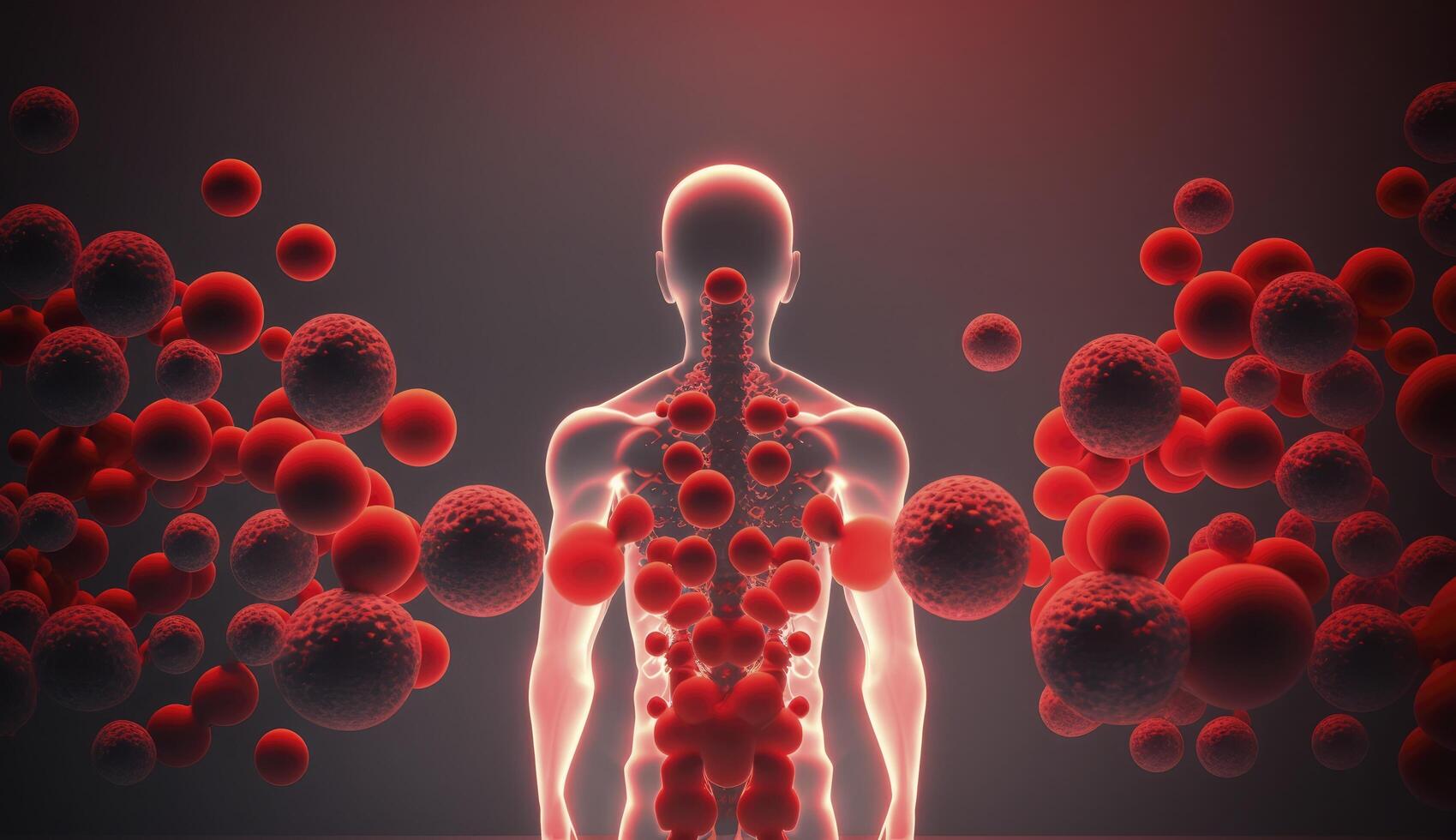 Immune system, protection against viruses and bacterias. Different shapes bacterias and virus cells near person silhouette. Created with photo