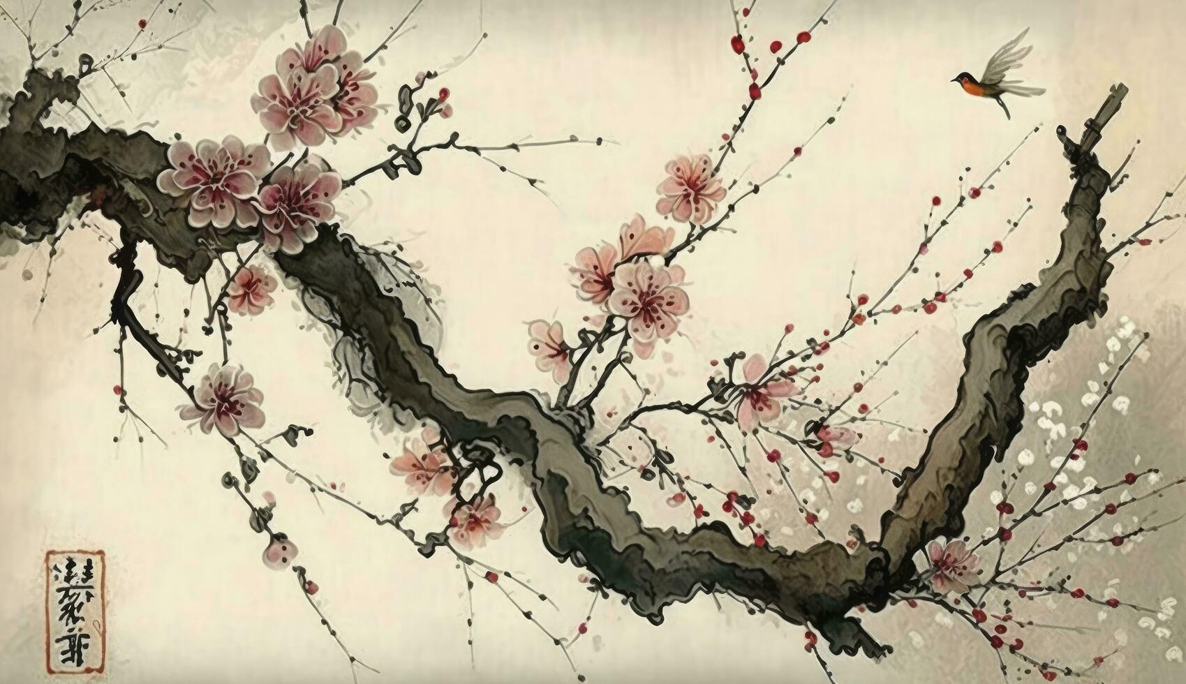 chino paisaje pintura Cereza florecer impresión arte, japonés pintura Cereza florecer, tinta invierno dulce, ilustración, acuarela cuadro, chino cultura, acuarela pinturas, generar ai foto