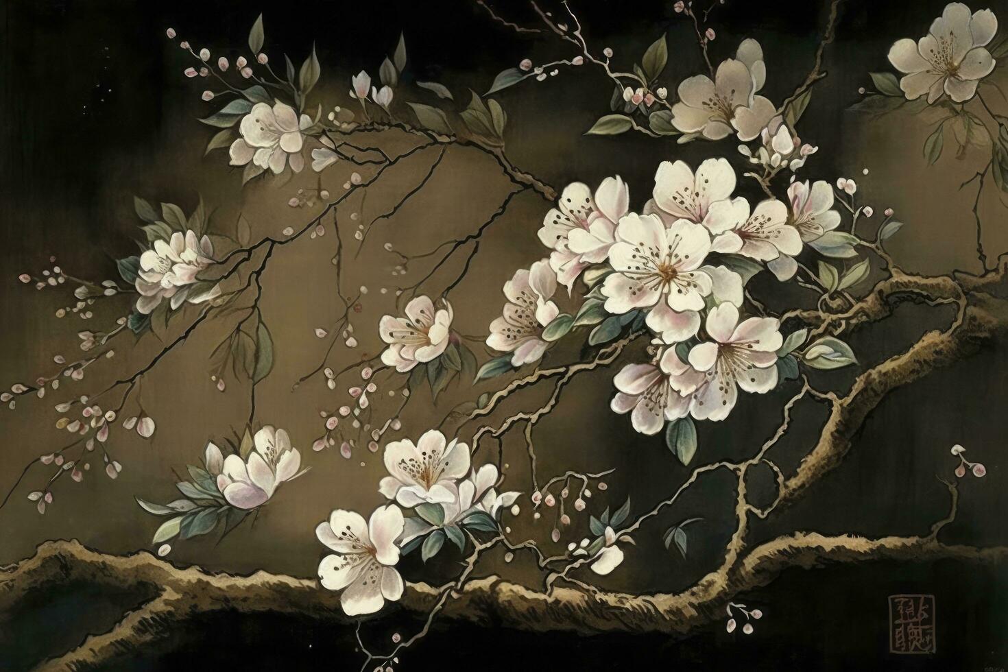 chino paisaje pintura Cereza florecer impresión arte, japonés pintura Cereza florecer, tinta invierno dulce, ilustración, acuarela cuadro, chino cultura, acuarela pinturas, generar ai foto