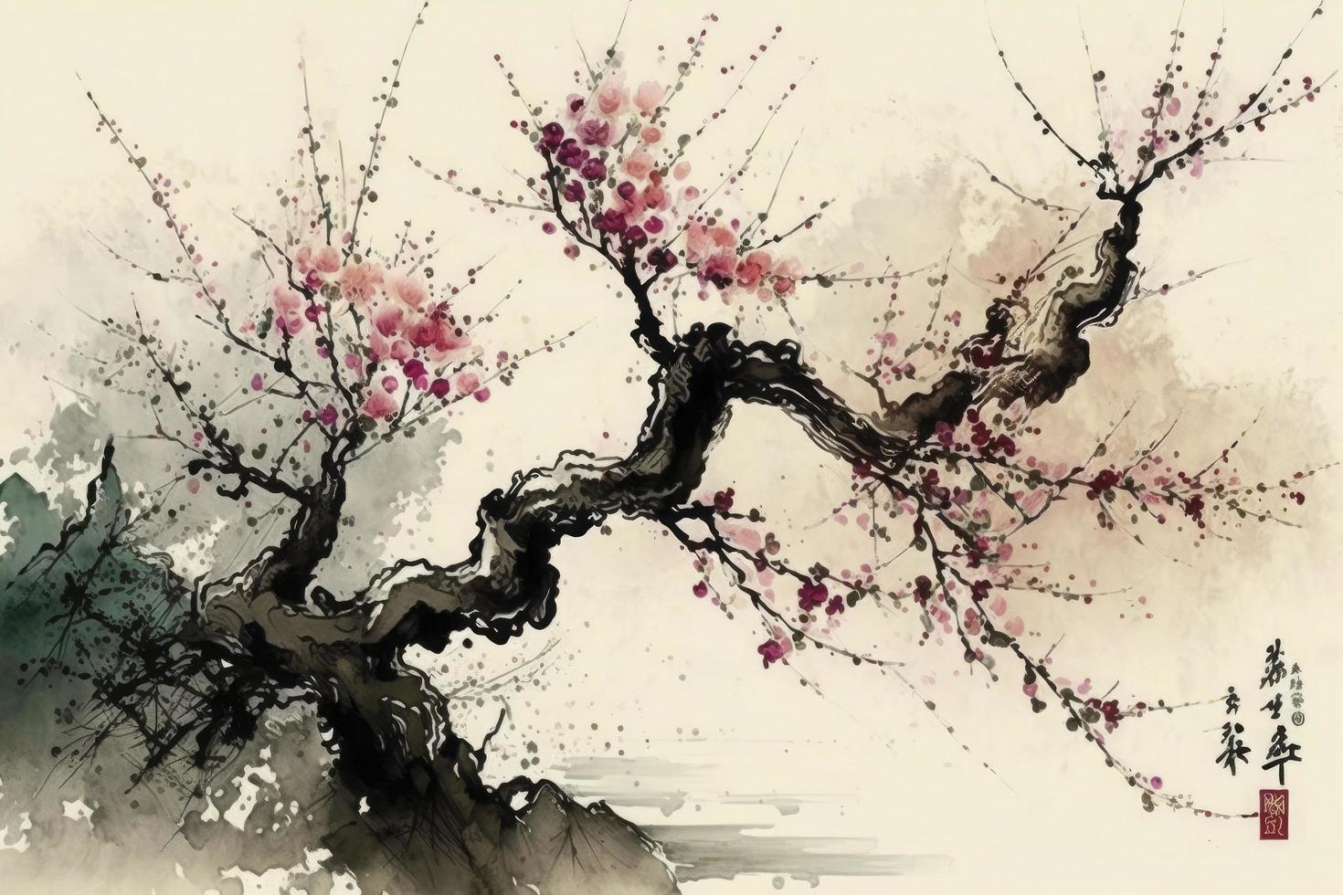 Chinese landscape painting cherry blossom print art, Japanese Painting Cherry Blossom, Ink winter sweet, Illustration, Watercolor Painting, Chinese Culture, Watercolor Paints, Generate Ai photo