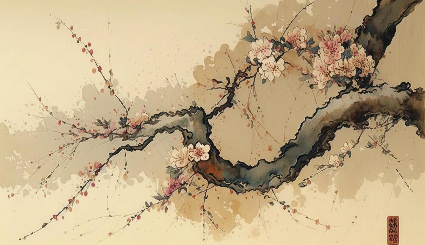 Chinese landscape painting cherry blossom print art, Japanese Painting Cherry Blossom, Ink winter sweet, Illustration, Watercolor Painting, Chinese Culture, Watercolor Paints, Generate Ai photo