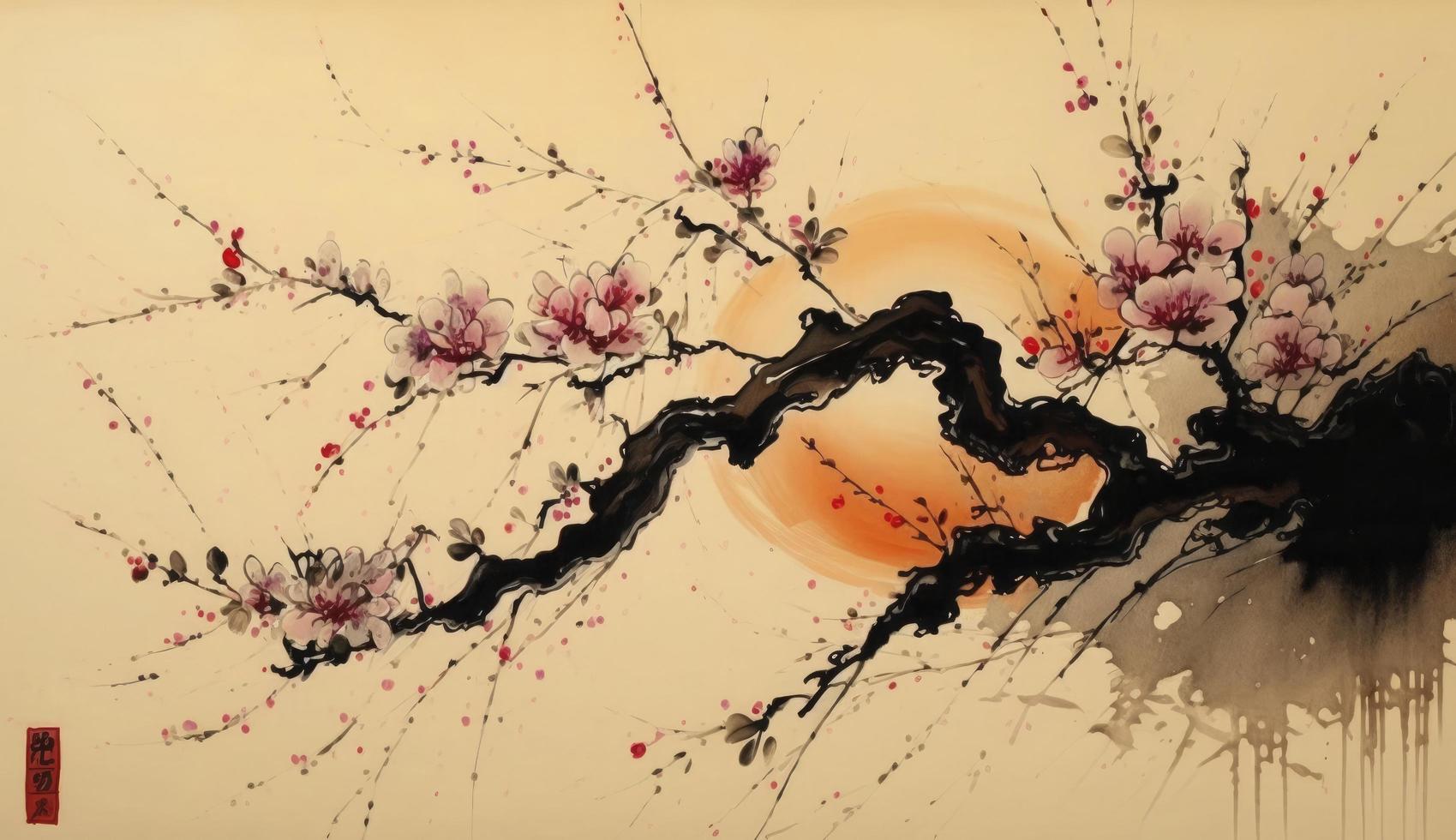 chino paisaje pintura Cereza florecer impresión arte, japonés pintura Cereza florecer, tinta invierno dulce, ilustración, acuarela cuadro, chino cultura, acuarela pinturas, generar ai foto