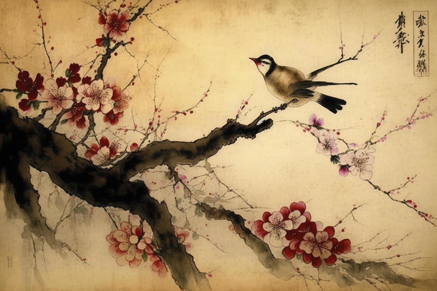 Chinese landscape painting cherry blossom print art, Japanese Painting Cherry Blossom, Ink winter sweet, Illustration, Watercolor Painting, Chinese Culture, Watercolor Paints, Generate Ai photo