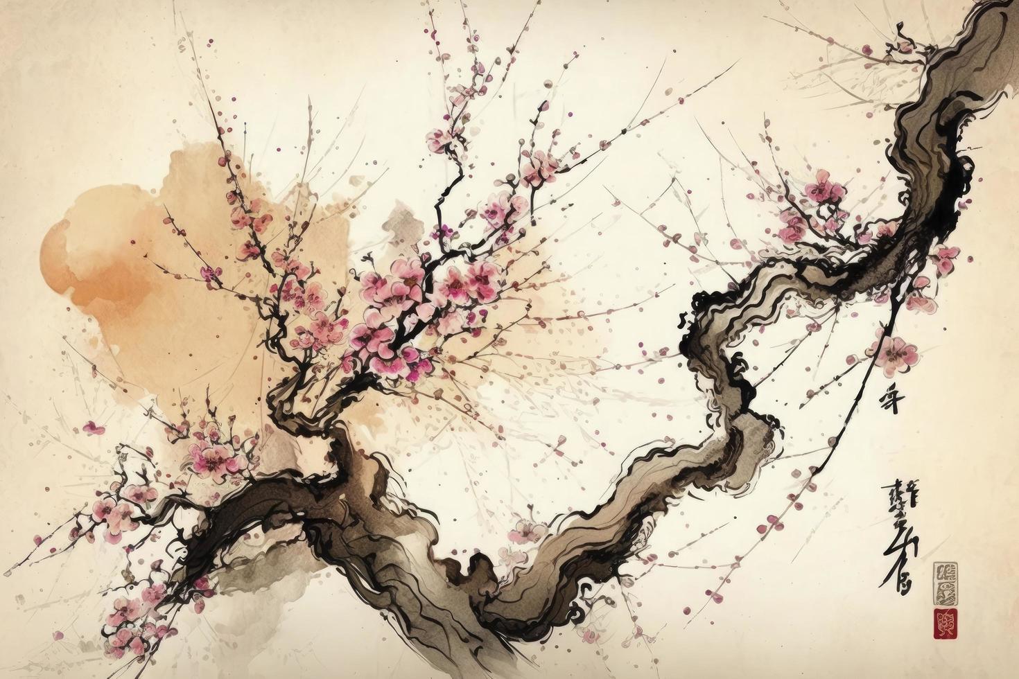 Chinese landscape painting cherry blossom print art, Japanese Painting Cherry Blossom, Ink winter sweet, Illustration, Watercolor Painting, Chinese Culture, Watercolor Paints, Generate Ai photo