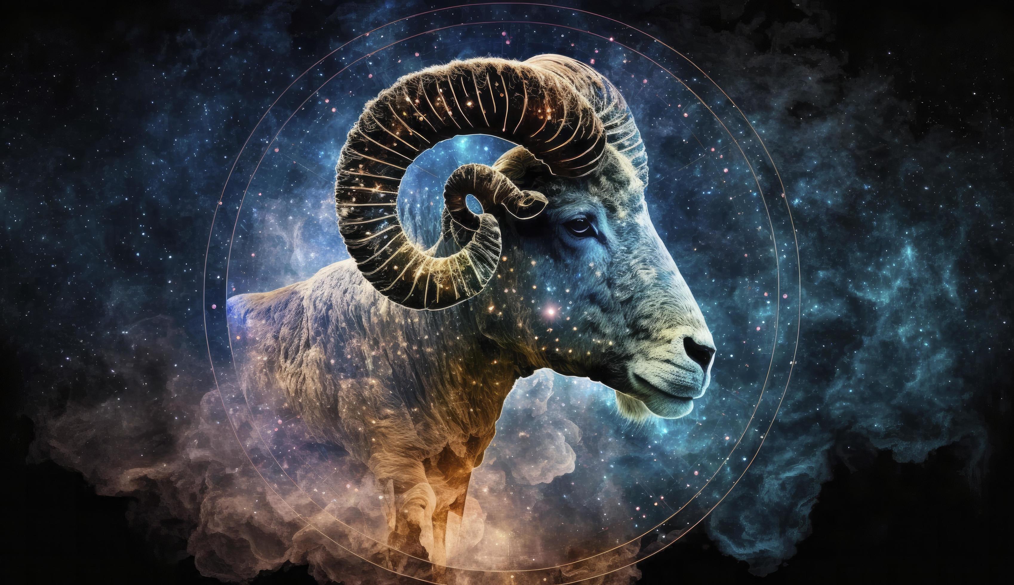 Aries zodiac sign against space nebula background. Astrology calendar