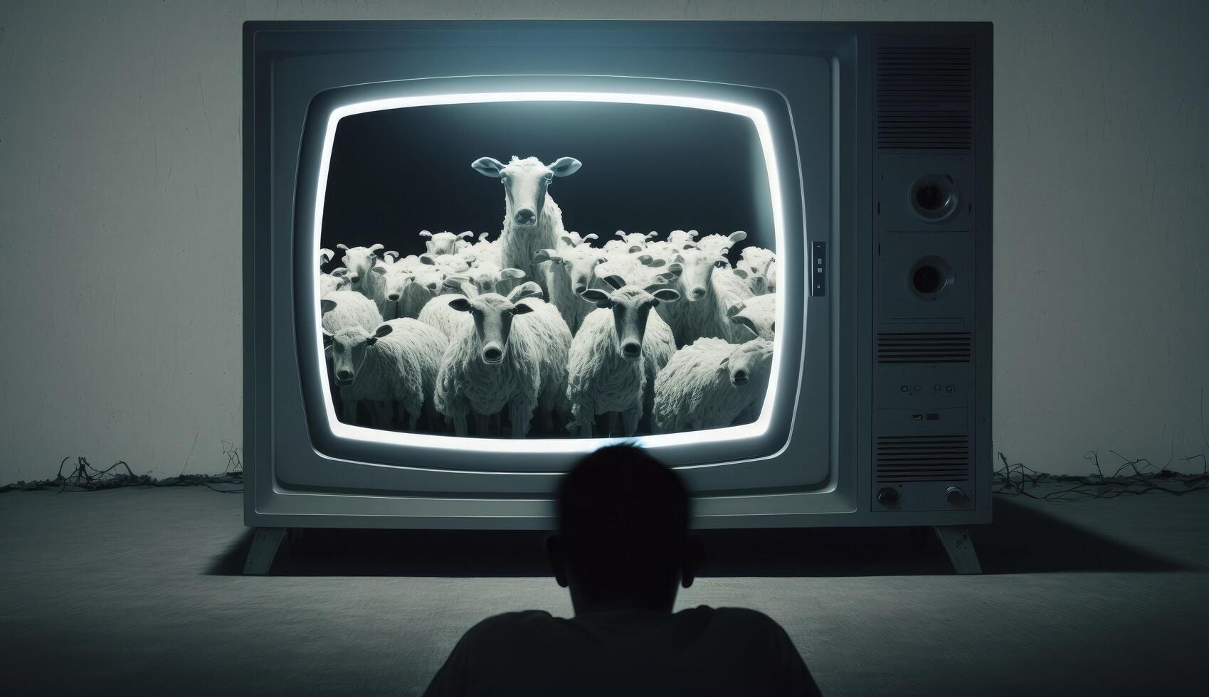 Concept of propaganda and fake news, TV addiction. Sheepd watching TV in dark room. Politicians manipulate the population. Created with photo