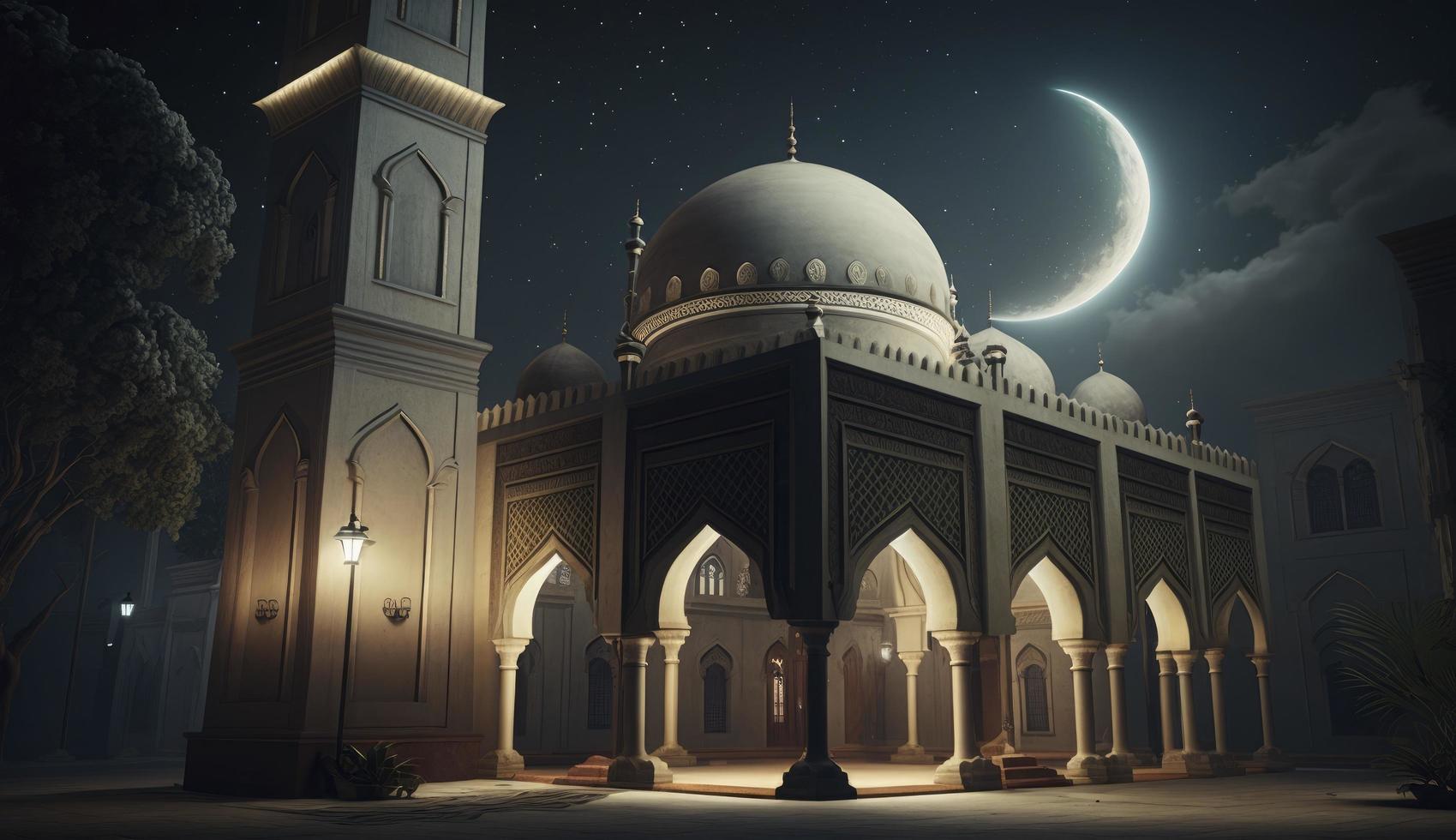Lanterns stands in the desert at night sky, lantern islamic Mosque, crescent moon Ramadan Kareem themed illustration background, Generate Ai photo