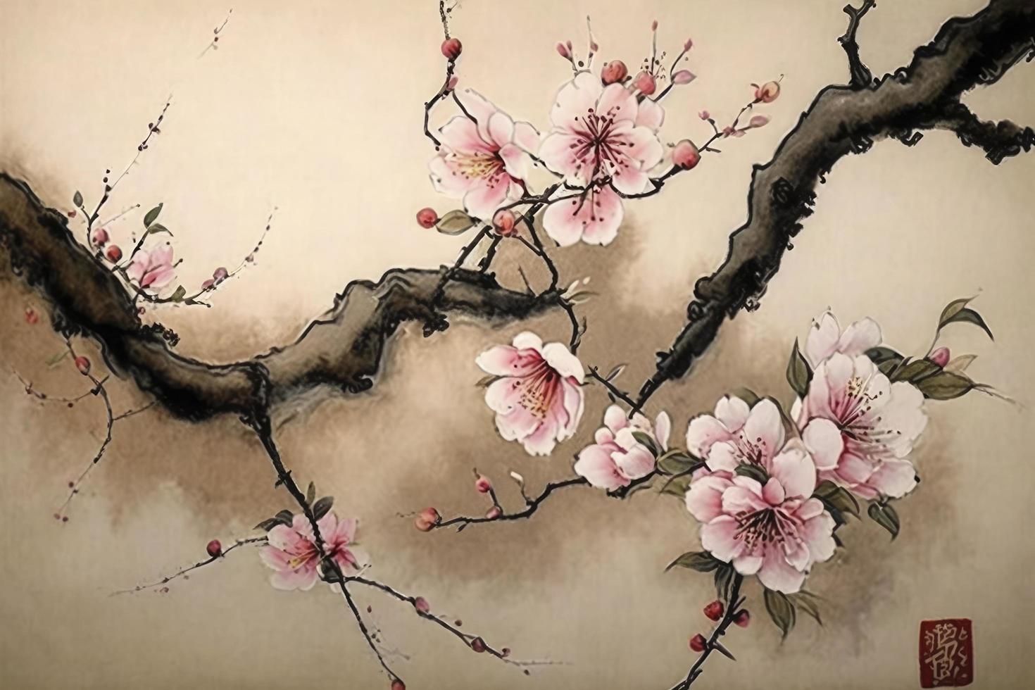 Chinese landscape painting cherry blossom print art, Japanese Painting Cherry Blossom, Ink winter sweet, Illustration, Watercolor Painting, Chinese Culture, Watercolor Paints, Generate Ai photo