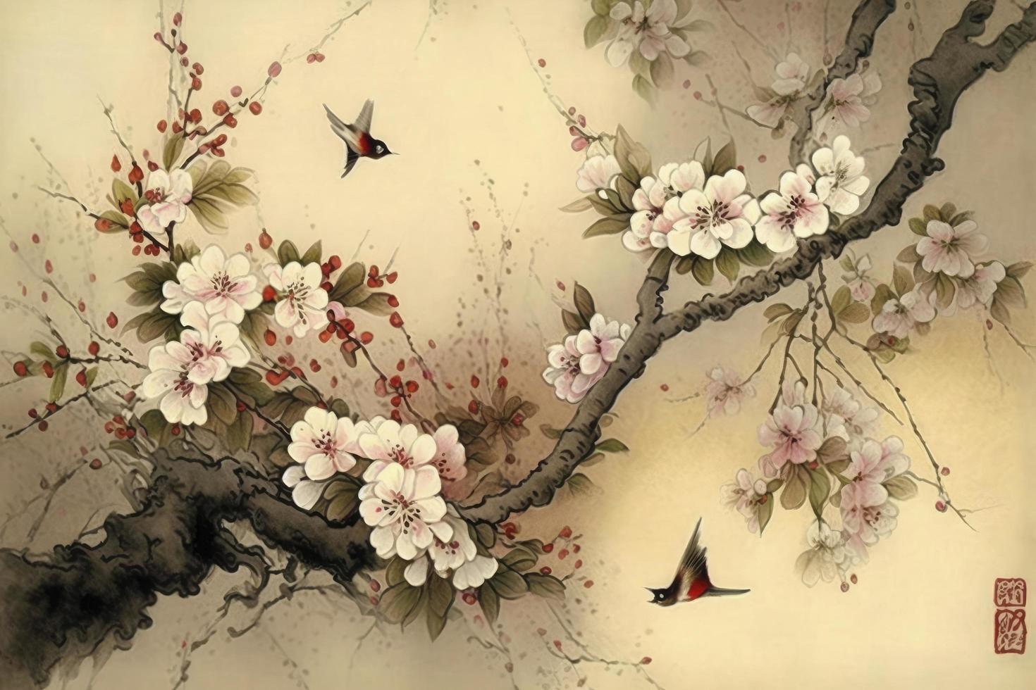 Chinese landscape painting cherry blossom print art, Japanese Painting Cherry Blossom, Ink winter sweet, Illustration, Watercolor Painting, Chinese Culture, Watercolor Paints, Generate Ai photo