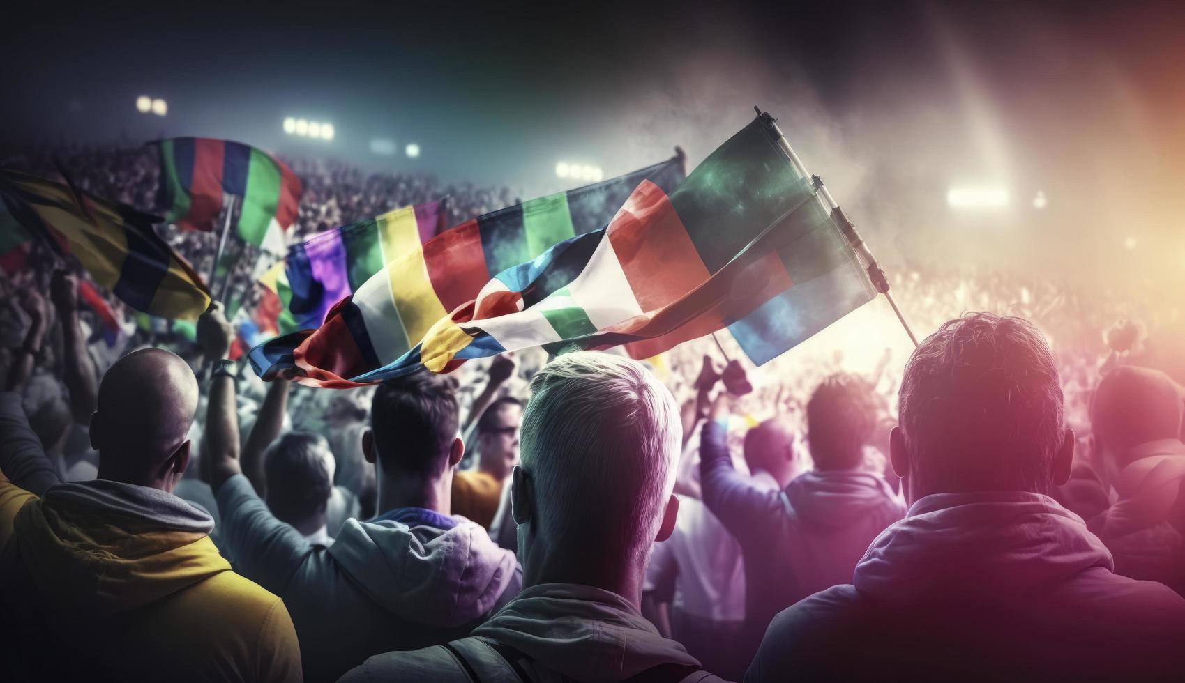 Digital painting of Support. Back view of football, soccer fans cheering their team with colorful scarfs at crowded stadium at evening time. Concept of sport, cup, world, teamg, Generate Ai photo