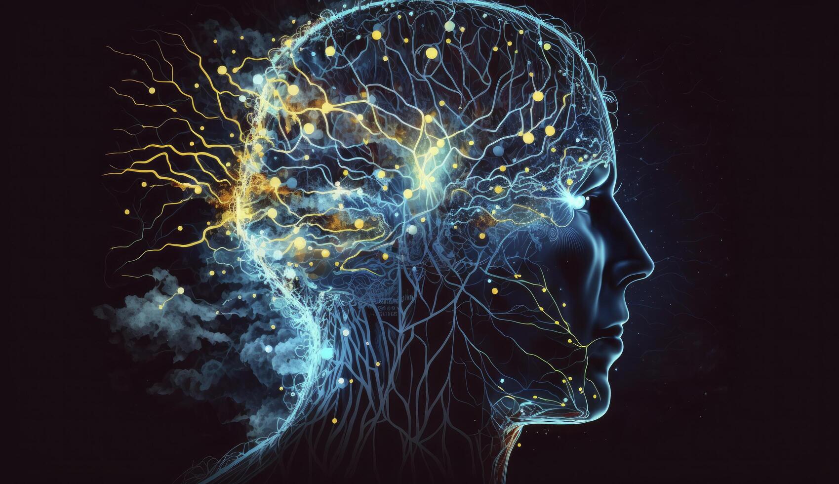 Human head with glowing neurons in brain. Esoteric and meditation concept. Connection with other worlds. Creates with photo
