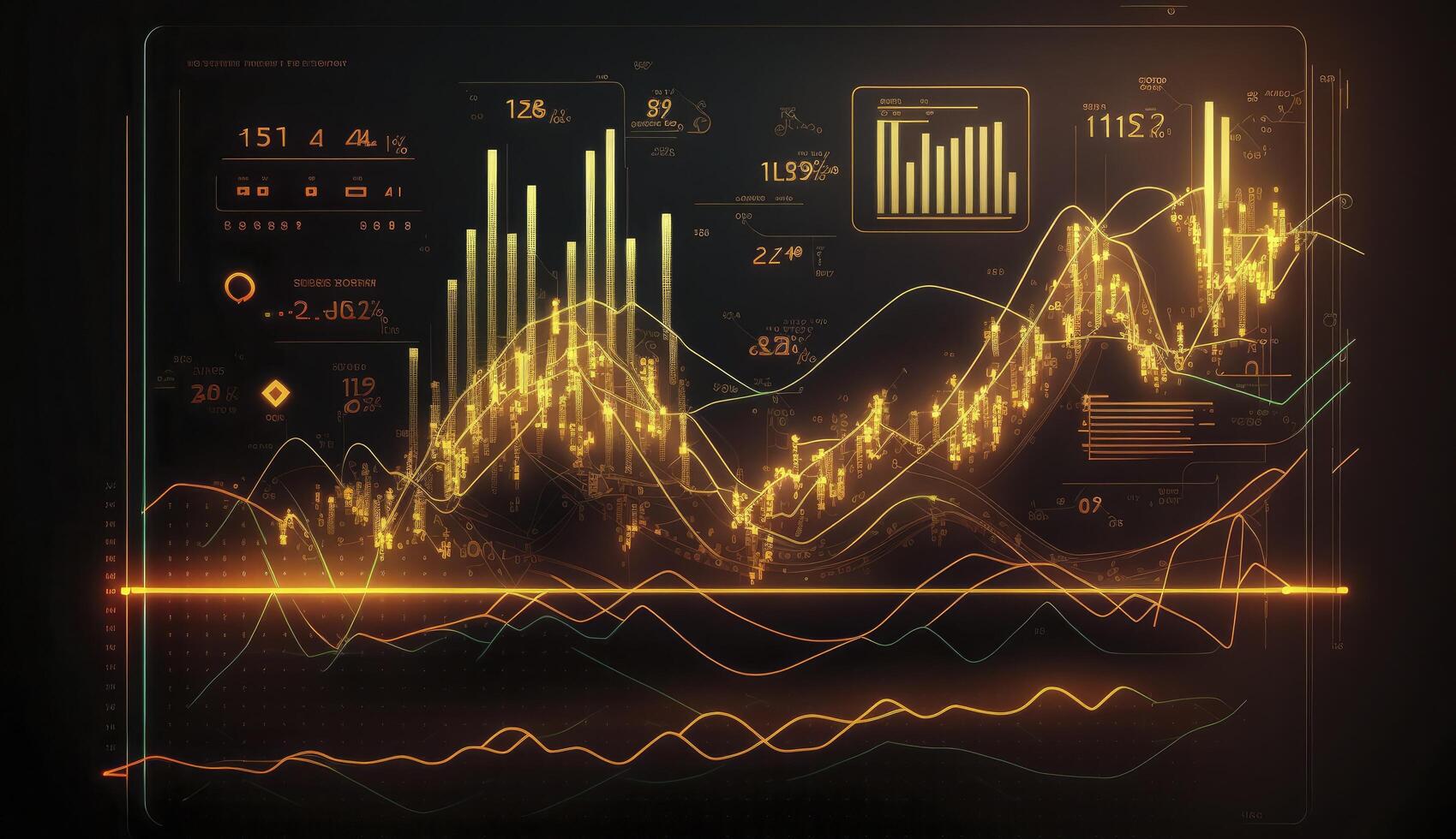 Financial graphs, glowing lines and diagram on digital screen. Trading market and economic concept. Financial crisis and inflation. Created with photo