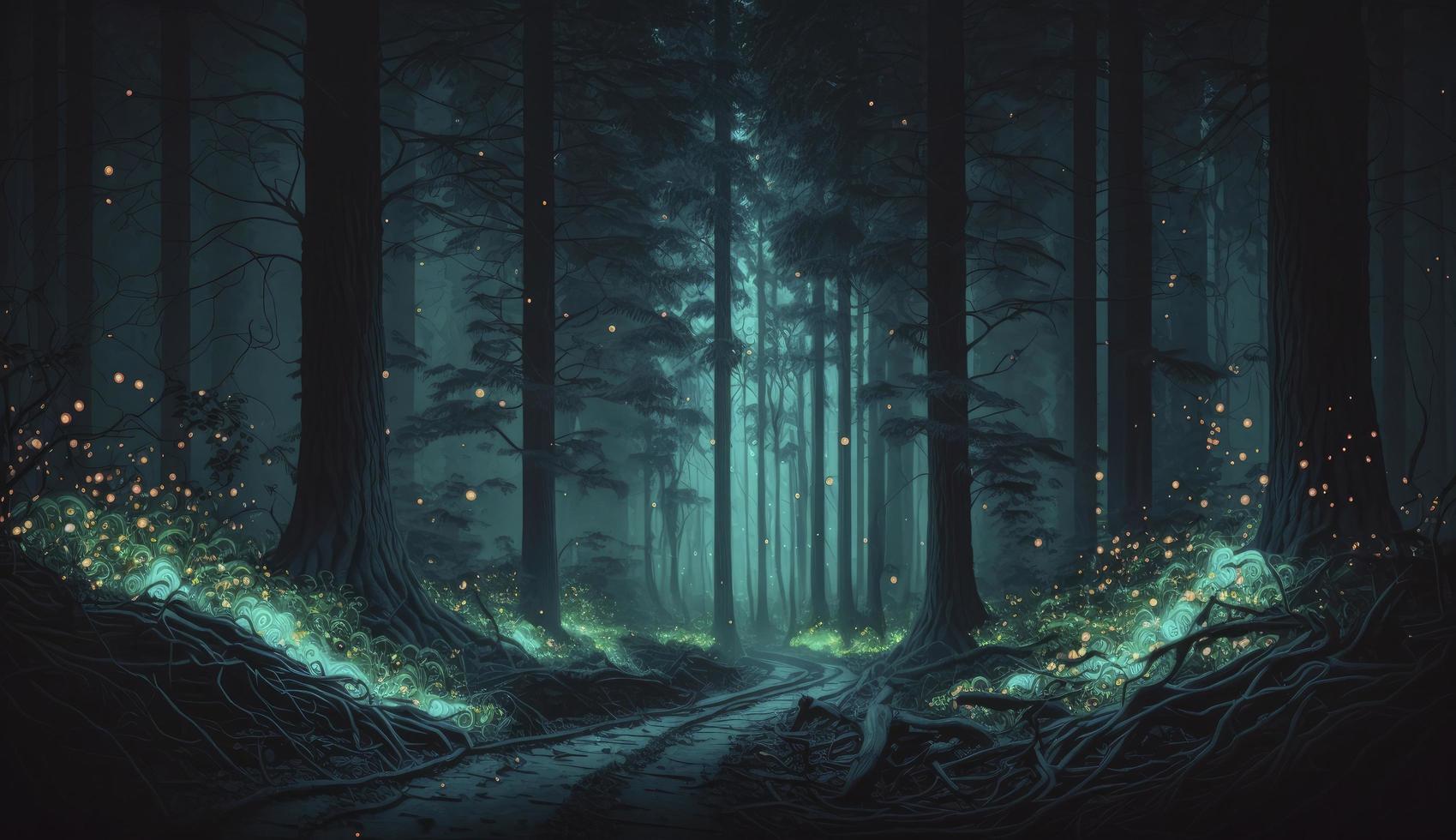 Mystical forest scene at night as digital art, Generate Ai photo