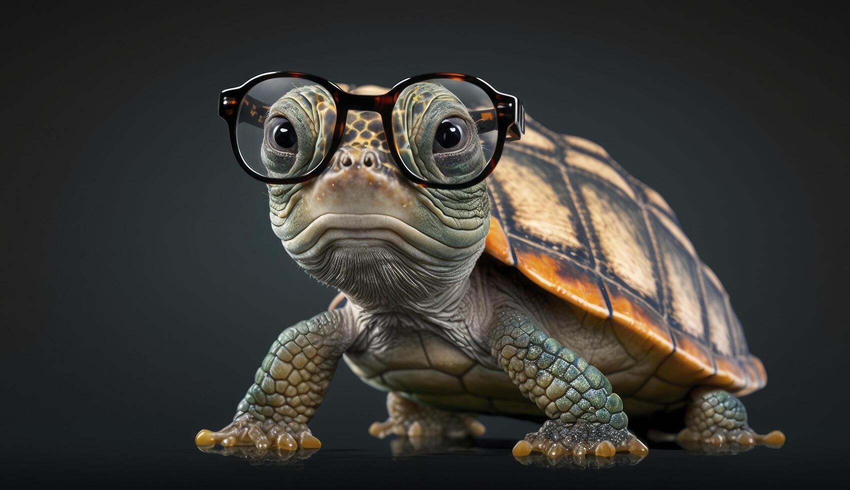 Cute little green turtle with glasses in front of studio background. . photo