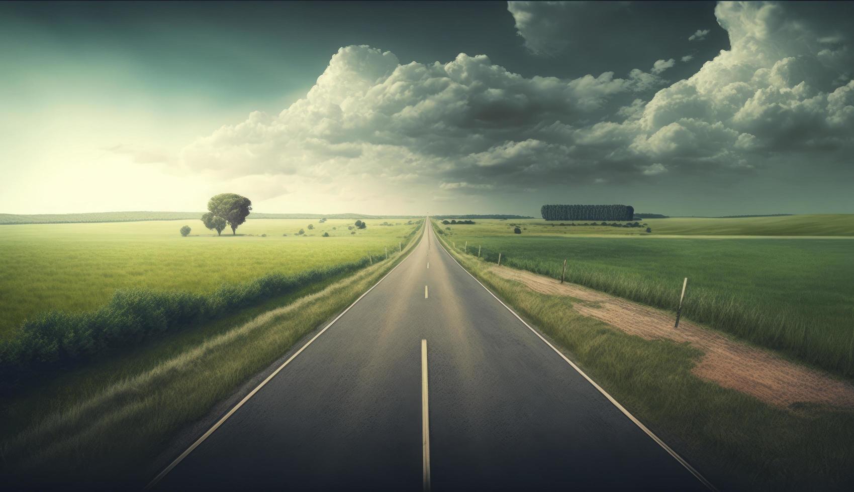 Endless road along green grassland, Generate Ai photo