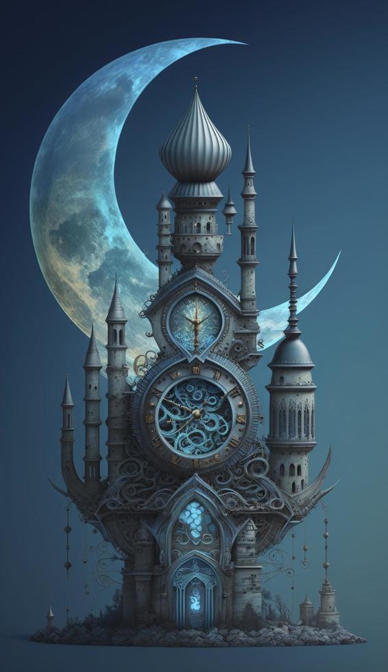 mosque and moon  on blue background. 3d render and illustration, Generate Ai photo