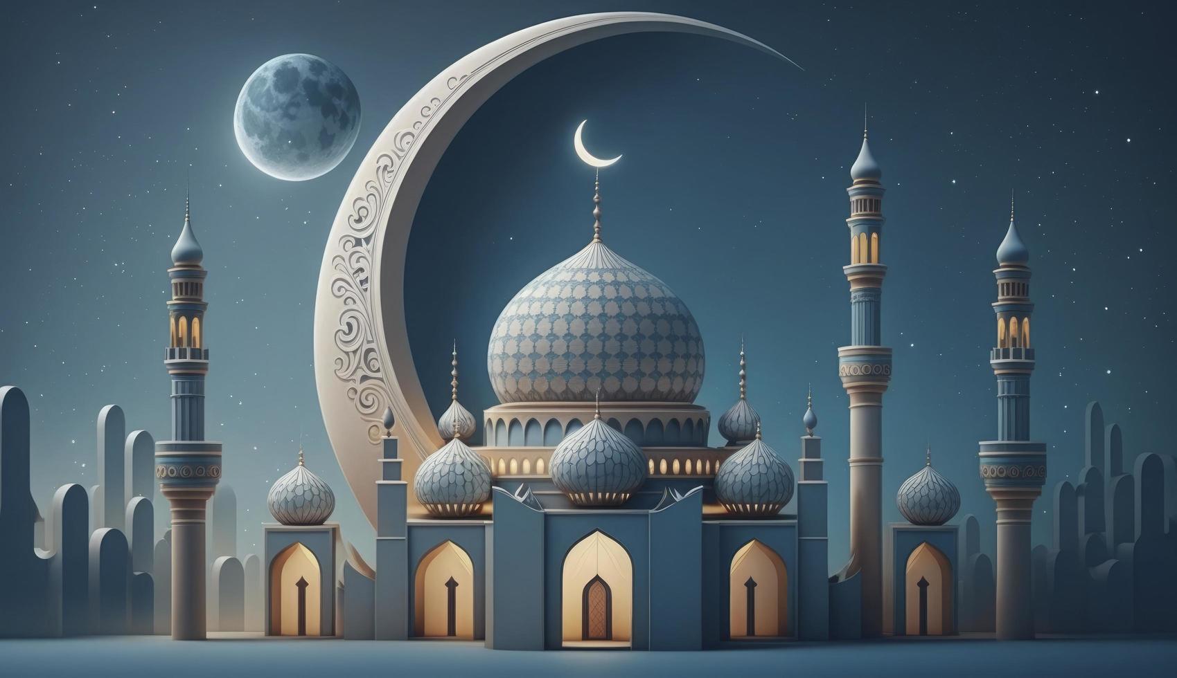 mosque and moon  on blue background. 3d render and illustration, Generate Ai photo