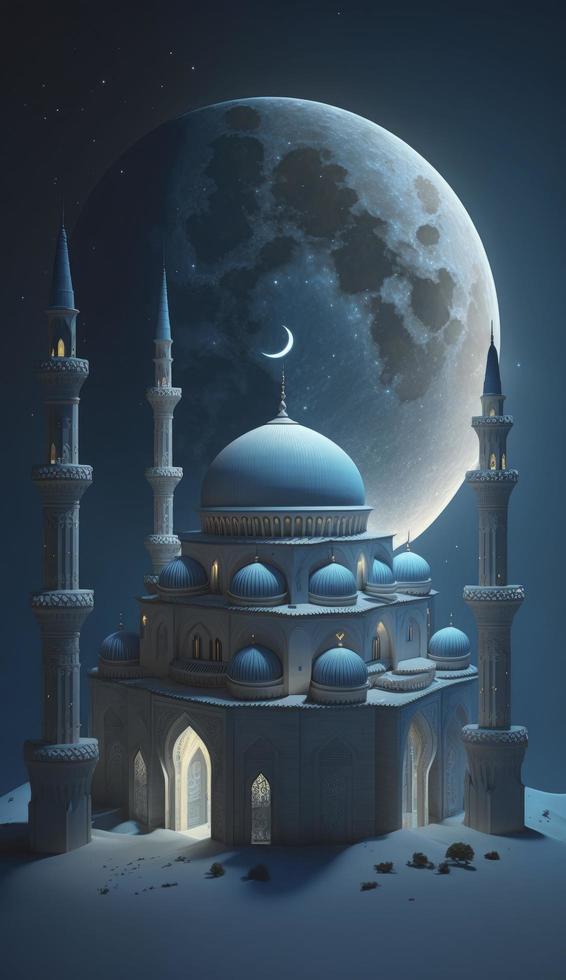 mosque and moon  on blue background. 3d render and illustration, Generate Ai photo