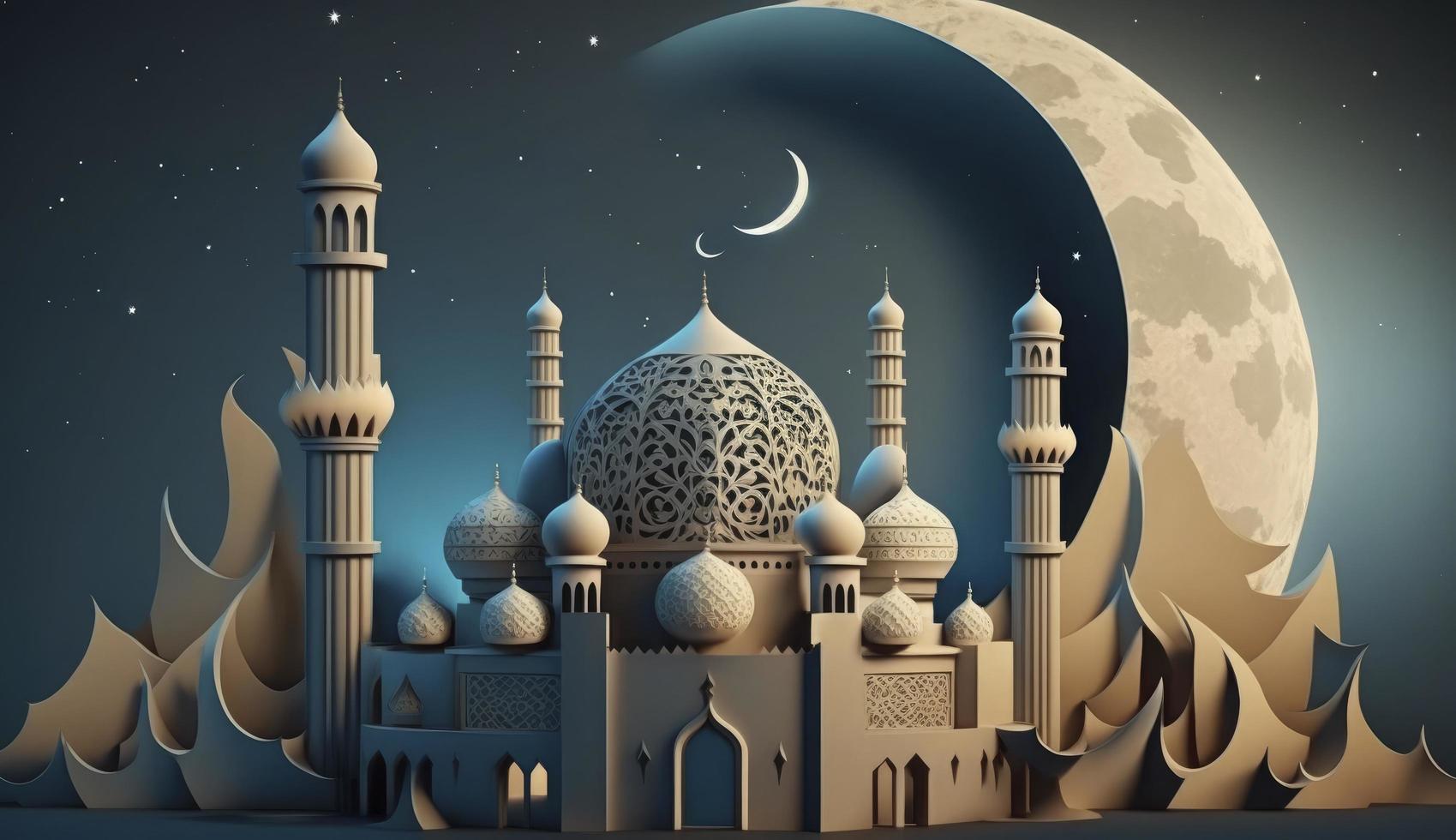 mezquita y Luna en azul antecedentes. 3d hacer y ilustración, generar ai foto