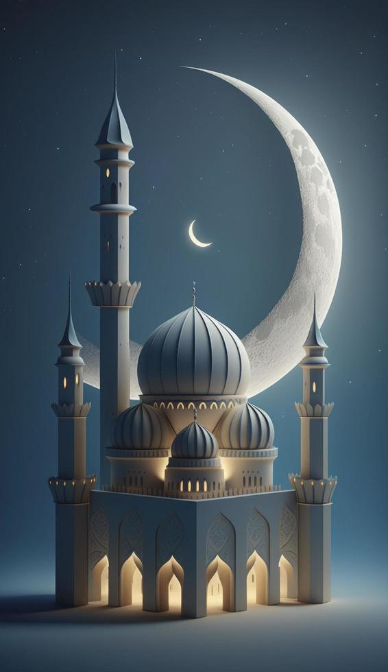 mosque and moon  on blue background. 3d render and illustration, Generate Ai photo