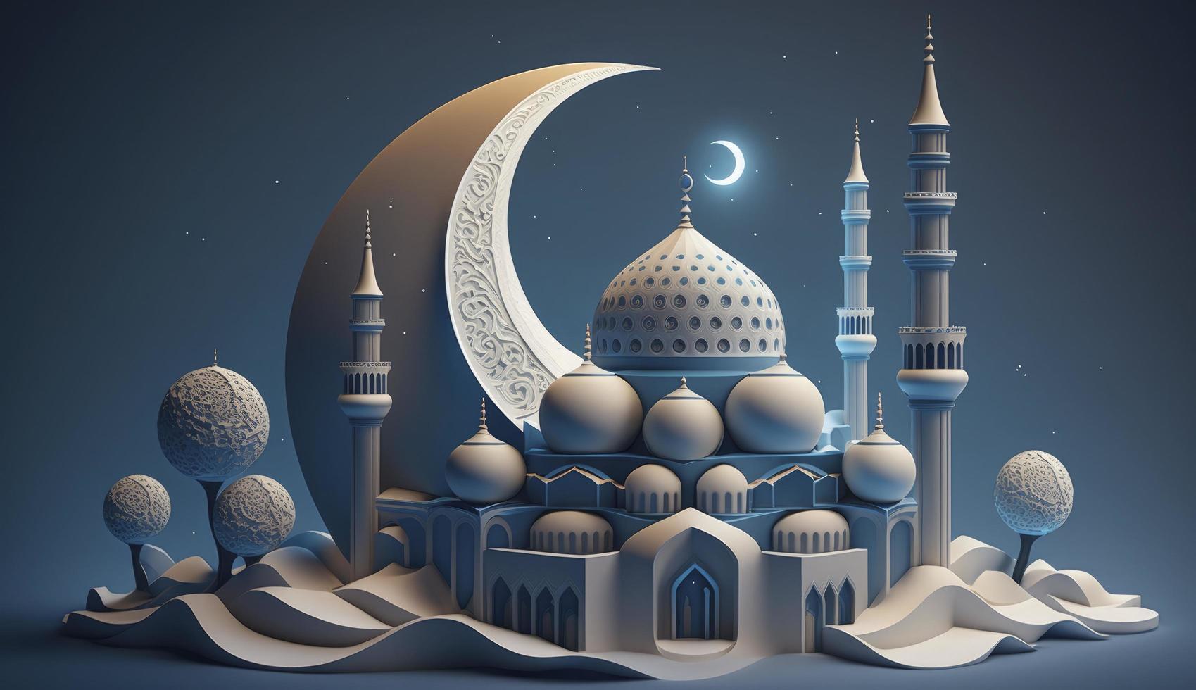 mosque and moon, blue background, 3d render, Generate Ai photo