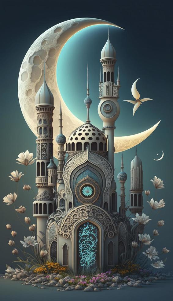 mosque and moon  on blue background. 3d render and illustration, Generate Ai photo