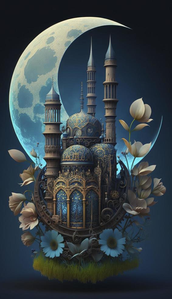 mosque and moon  on blue background. 3d render and illustration, Generate Ai photo
