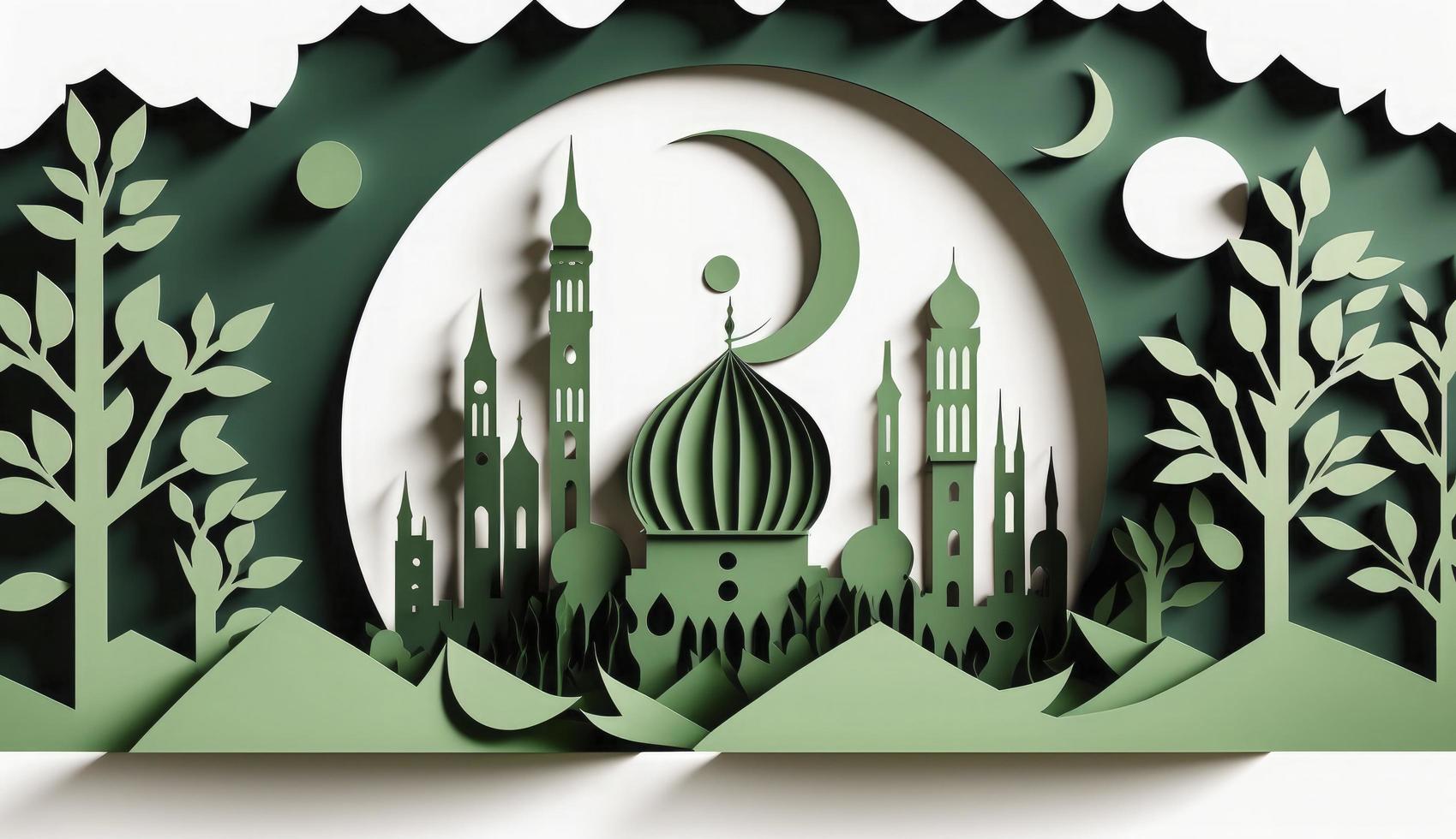 Paper art, eid mubarak, ramadan kareem, rmadan kareem greeting card, ramadan kareem banner, ramadan kareem card, eid mubarak ramadan, eid mubarak template, Generate Ai photo
