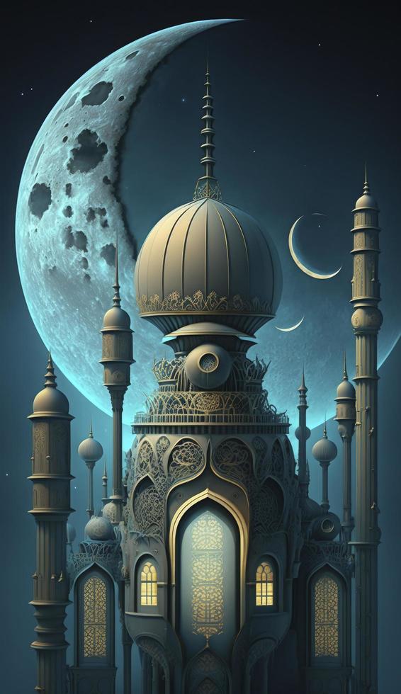 mosque and moon  on blue background. 3d render and illustration, Generate Ai photo