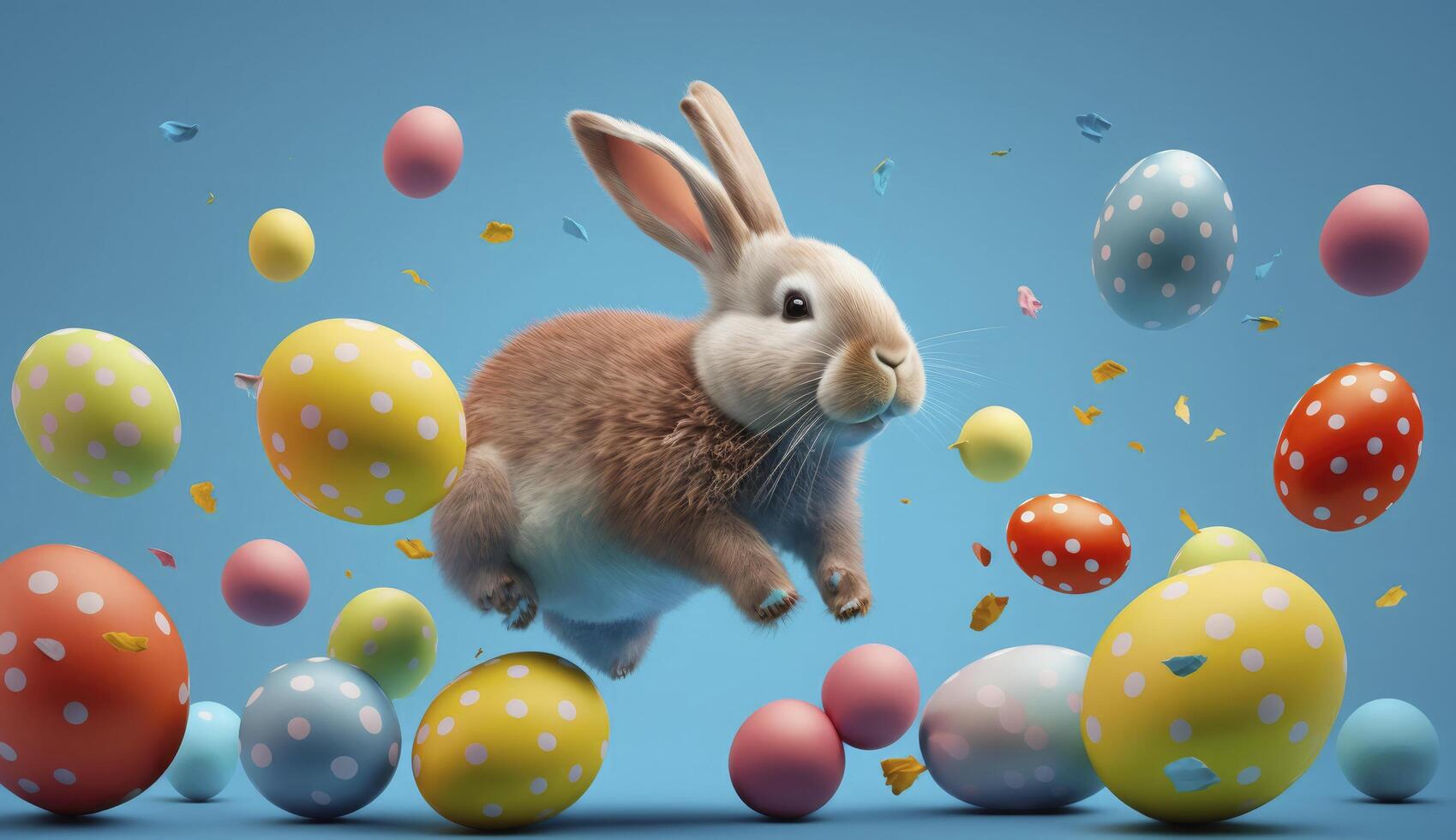 Happy Easter Bunny with many colorful easter eggs. . photo