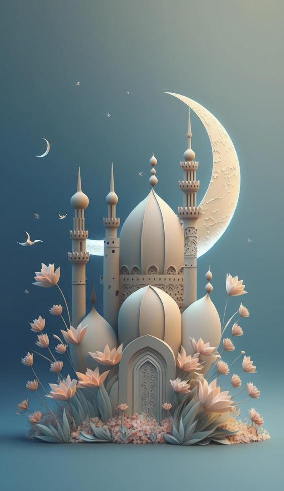 mosque and moon on blue background. 3d render and illustration, Generate Ai photo