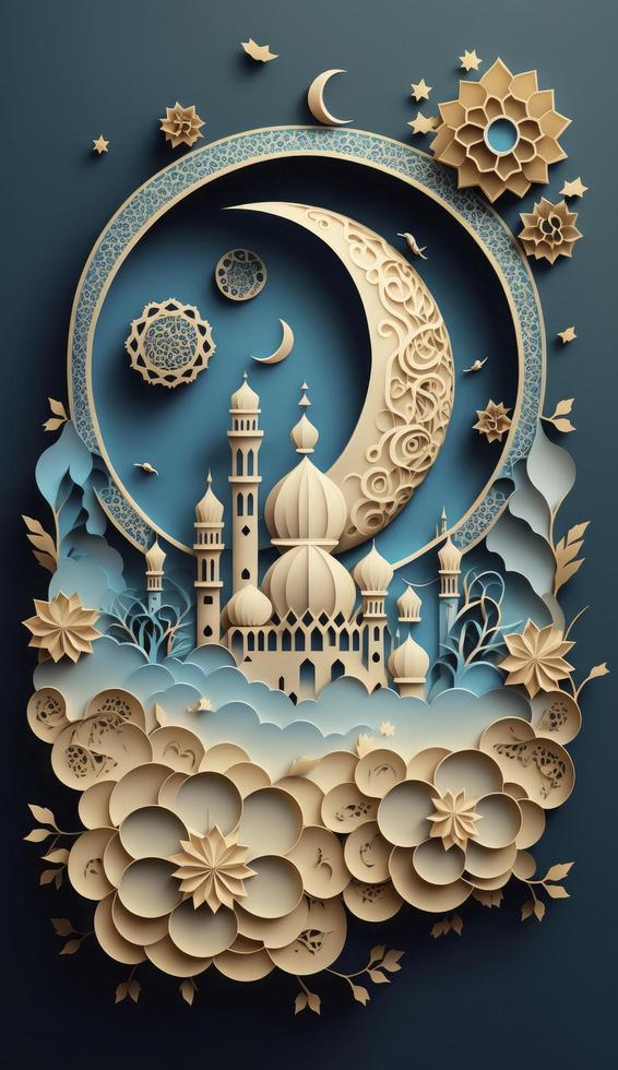 Paper art, eid mubarak, ramadan kareem, rmadan kareem greeting card, ramadan kareem banner, ramadan kareem card, eid mubarak ramadan, eid mubarak template, Generate Ai photo