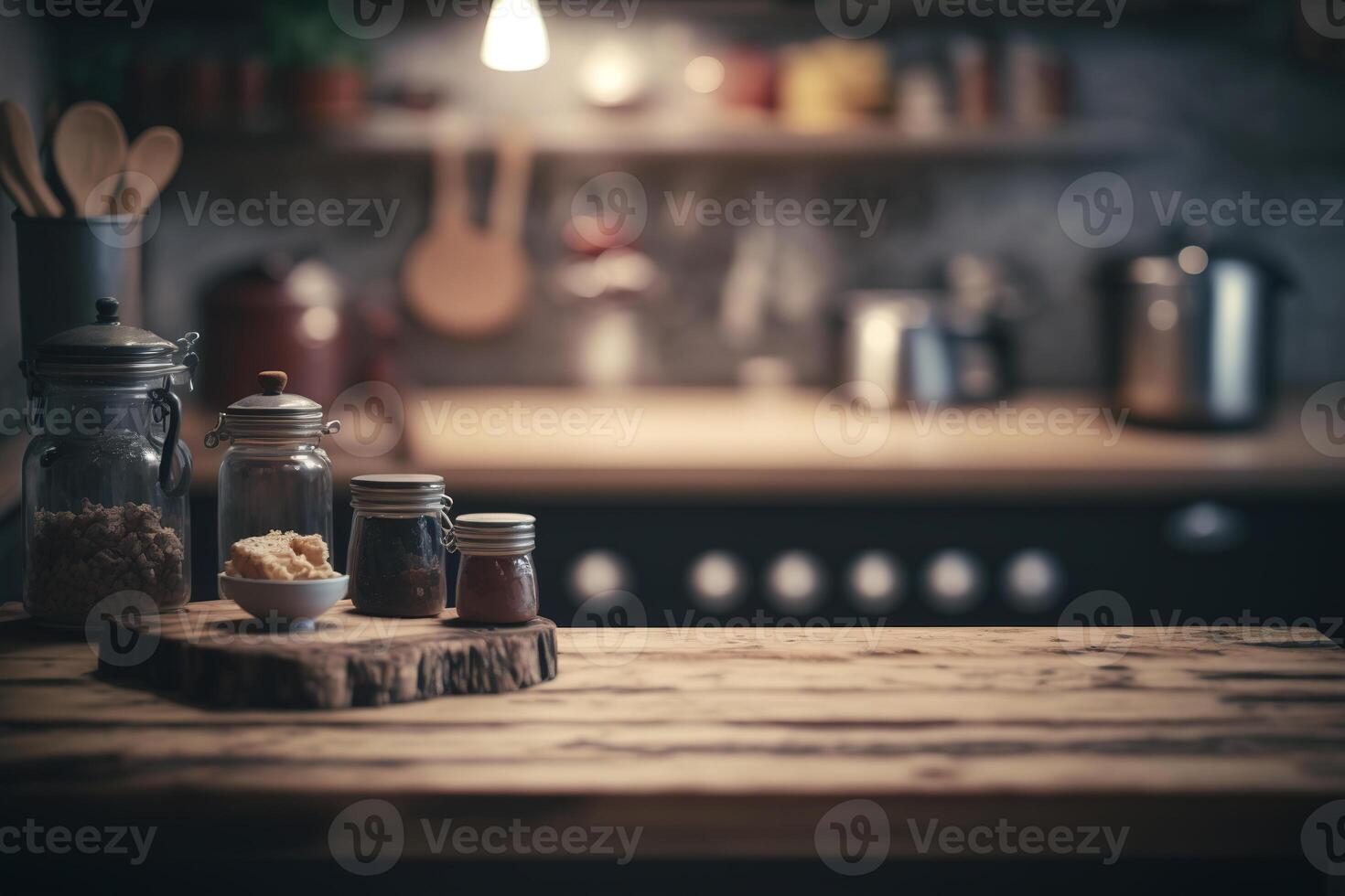 cocina de madera mesa parte superior con difuminar antecedentes. ai generado foto