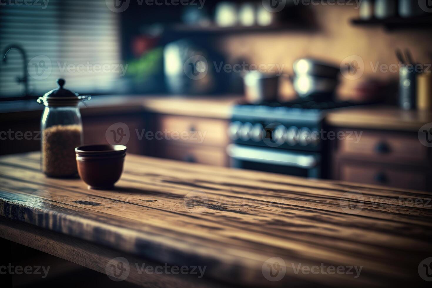 Kitchen wooden table top with blur background. photo