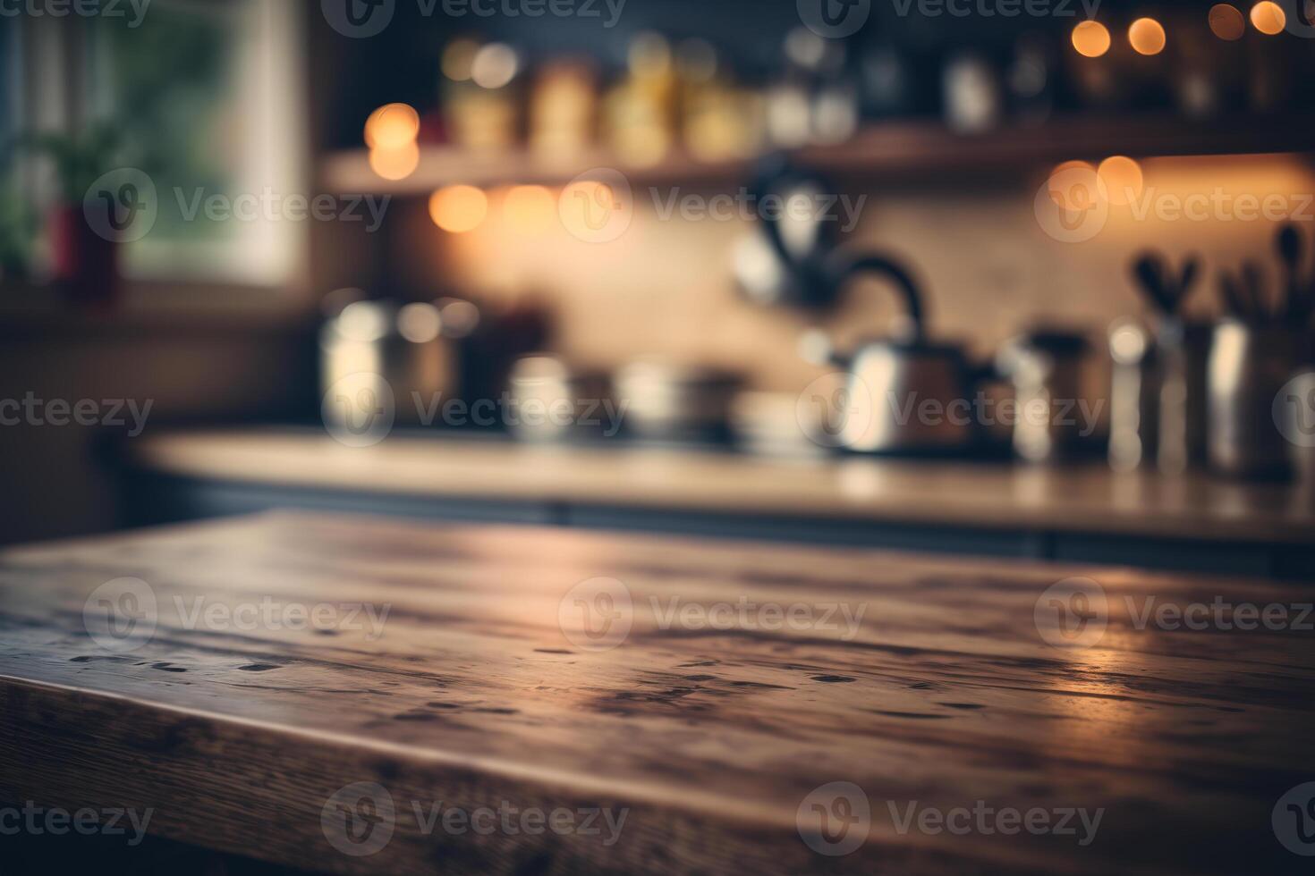 cocina de madera mesa parte superior con difuminar antecedentes. ai generado foto