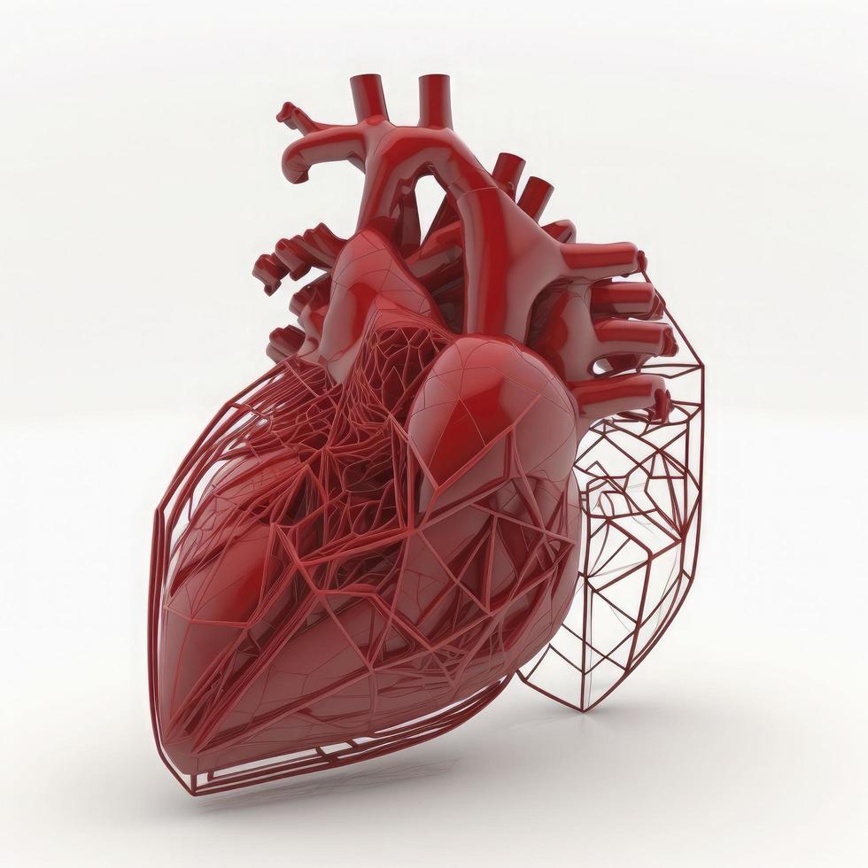 red color, Human heart wireframe on white background photo