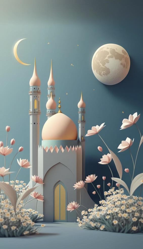 mosque and moon with flowers, pastel colors, on blue background. 3d render and illustration, , Generate Ai photo