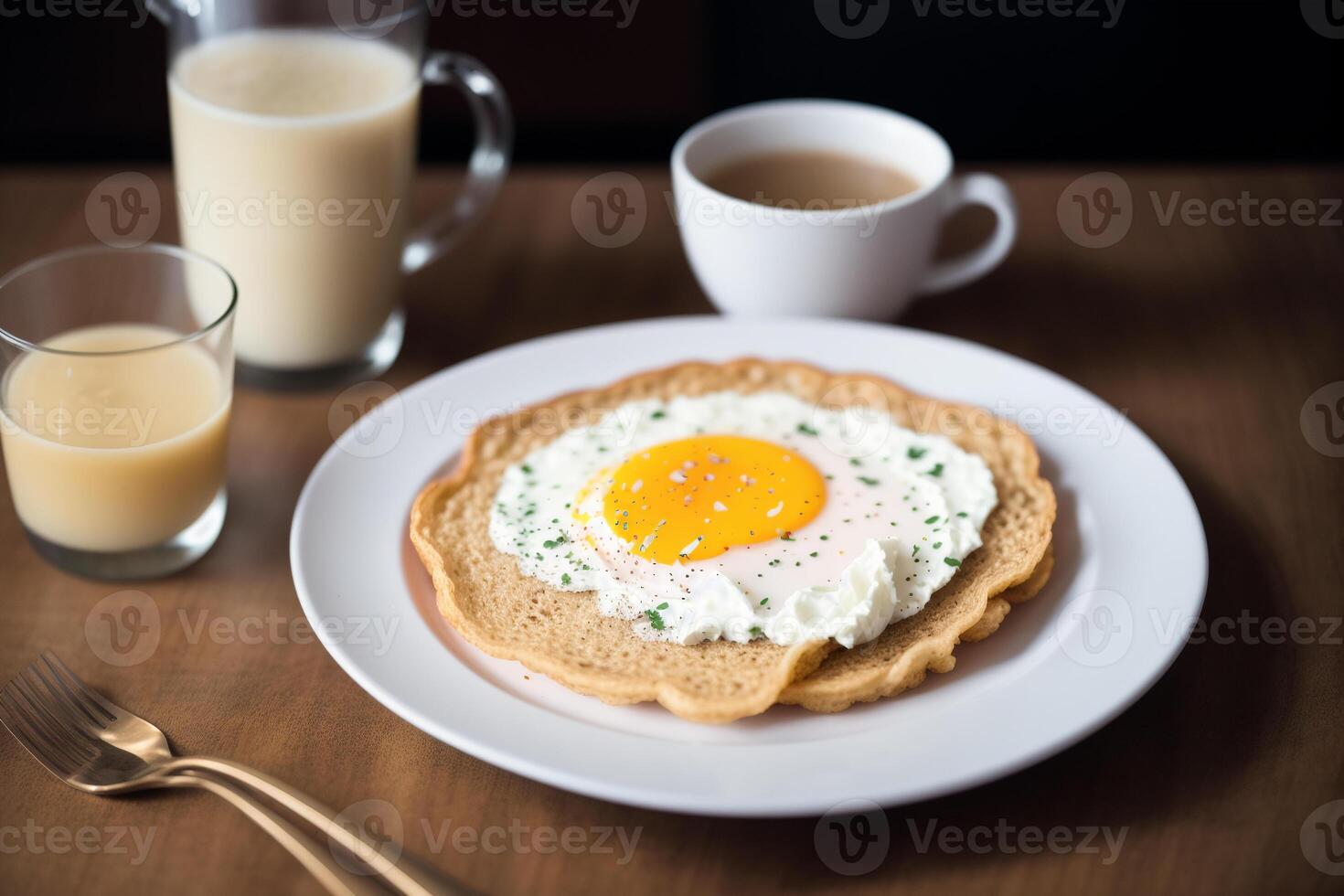 Breakfast with fried eggs and toast on white plate, closeup. photo