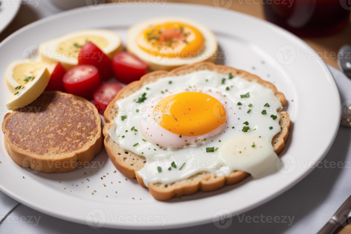 Breakfast with fried eggs and toast on white plate, closeup. photo