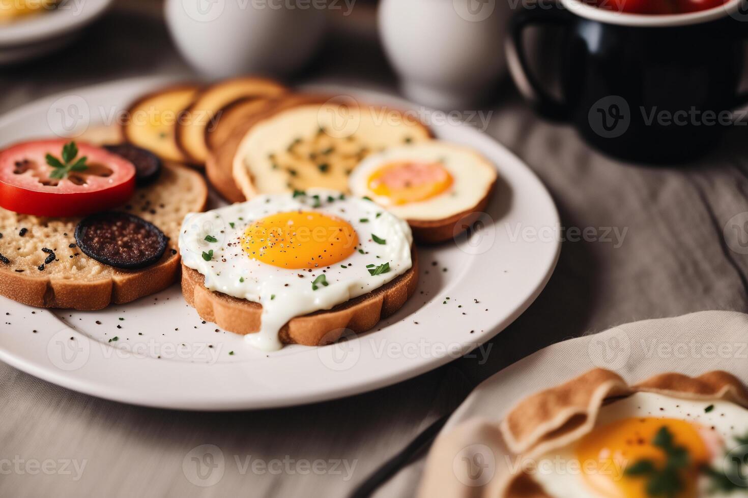 Breakfast with fried eggs and toast on white plate, closeup. photo