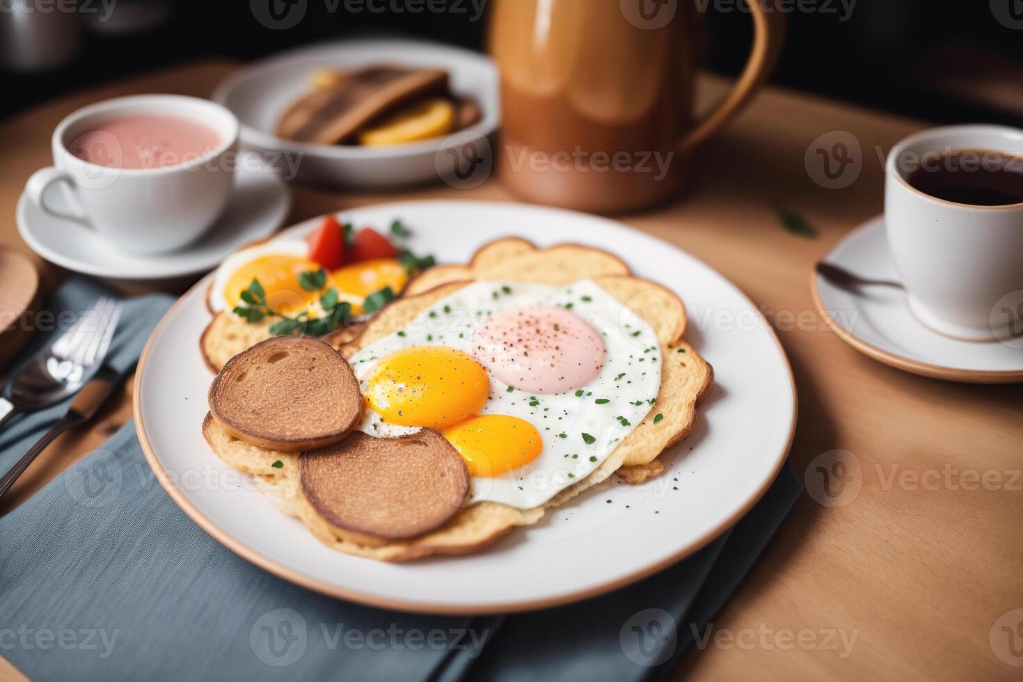 Breakfast with fried eggs and toast on white plate, closeup. photo