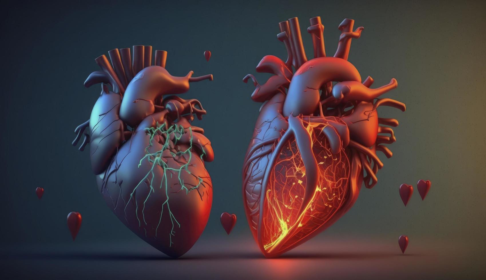 humano corazón, 3d realista aislado. anatómicamente correcto corazón con vascular sistema, humano corazón, corazón - interno Organo, ilustración, Tres dimensional, generar ai foto